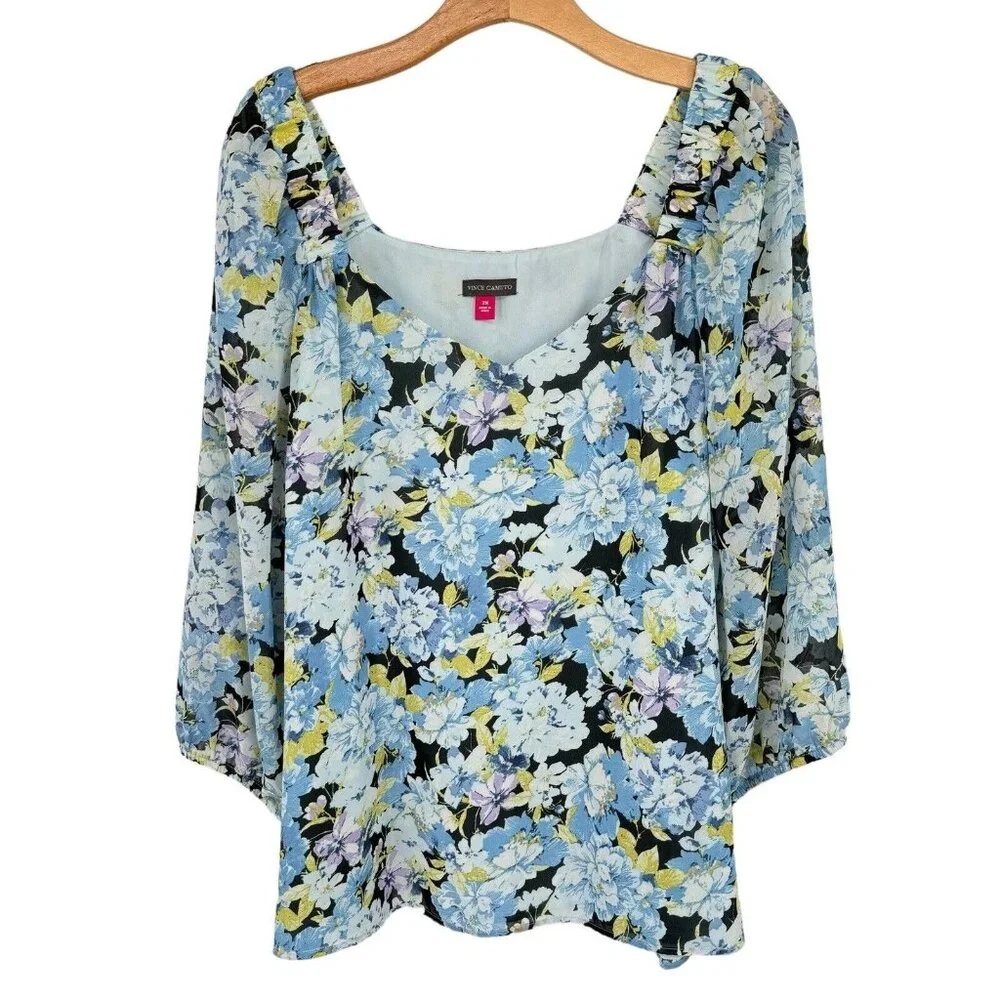 Vince Camuto Womens V Neck Balloon Sleeve Floral Blouse Plus Size 2X New